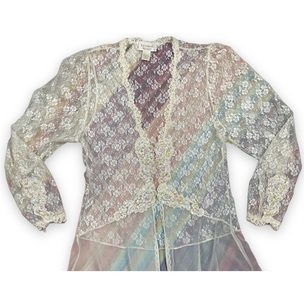 Vtg Gold Label Victoria's Secret Long Ivory Sheer Lace Robe Peignoir Sequins S